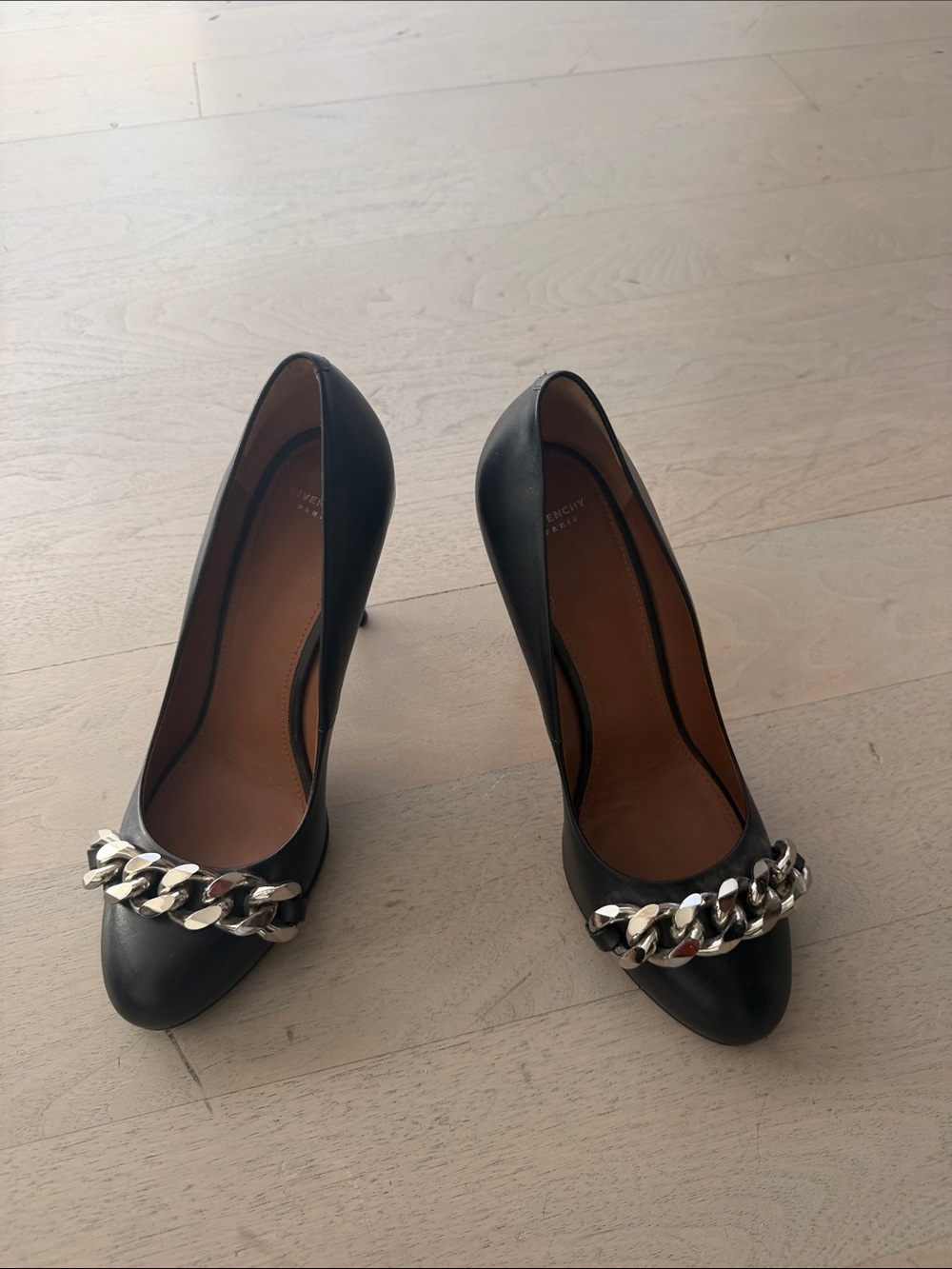 Givenchy Black Leather Pumps with Silver Chain Accent